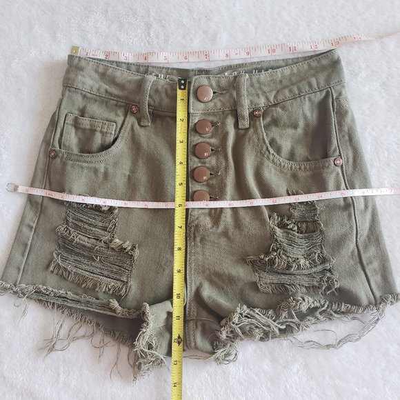 COTTON ON The Flashback High Rise Distessed Button Fly Olive Green Short SZ 4 - Picture 13 of 15